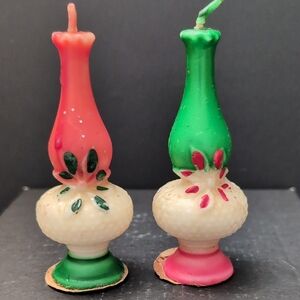 VGT 1950s Gurley Novelty Co,Set Of 2 Holiday Themed Hurricane Lamp Candle's.